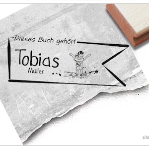 Timbro Ex Libris personalizzato SKATEBOARD come striscione, personalizzato con nome, timbro in legno o timbro automatico, regalo per bambini