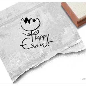 Stempel Vrolijk Pasen met tulp - Paasstempel, tekststempel voor Pasen voor paaskaarten en cadeaukaartjes, paasdecoratie, tafeldecoratie, plakboek