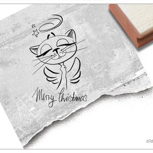 Timbro natalizio Buon Natale con il gatto come angelo - timbro con testo con animali, cartoline, etichette regalo, bricolage e decorazioni natalizie