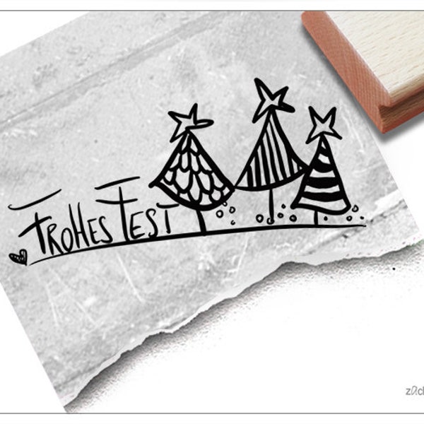 Christmas Stamp - rubber stamp with little trees and FROHES FEST - for card making, as gift or for decorating christmas tags and more