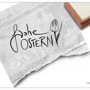 Stempel Paasstempel Vrolijk Pasen met tulp - tekststempel voor Pasen, voor kaarten en cadeaukaartjes, paasdecoratie, tafeldecoratie, plakboek