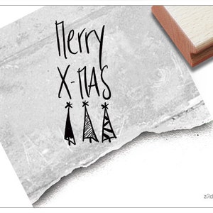 Timbro Timbro natalizio - Merry X-Mas, scrittura a mano con alberi di Natale - timbro con testo per Natale, per cartoline, etichette regalo, decorazioni