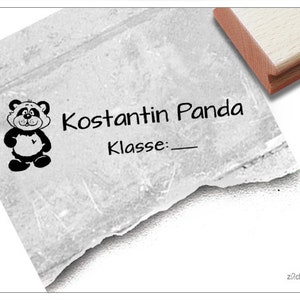 Individueller Namensstempel Panda - Stempel personalisiert mit Name, Klasse und Tier, Holzstempel oder Automatikstempel, Geschenk für Kinder