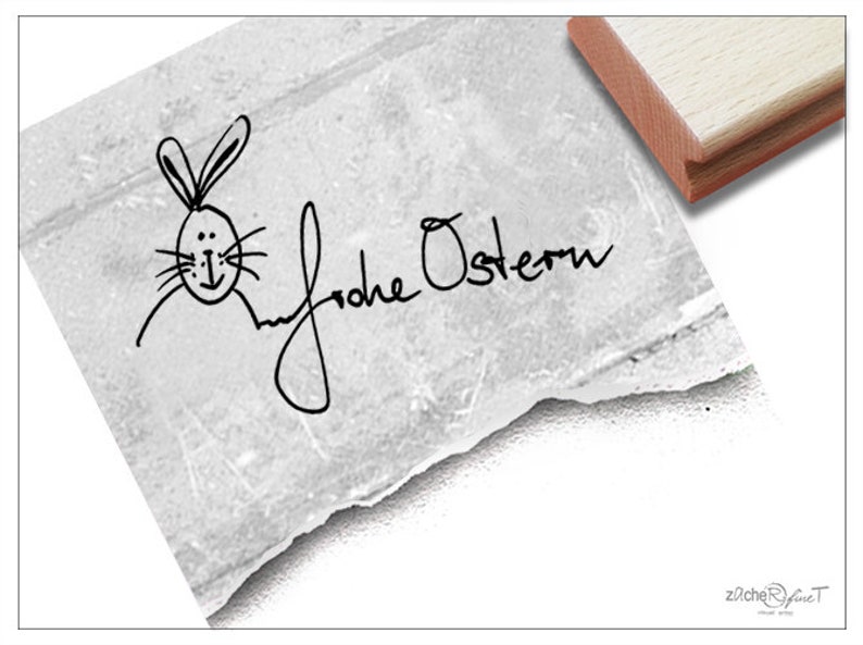 Stempel Osterstempel FROHE OSTERN handschriftlich mit Osterhase Textstempel zum Osterfest, Karten, Geschenkanhänger, Geschenk, Osterdeko Bild 1