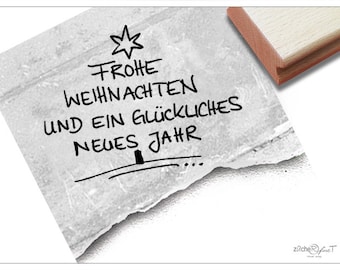 Stempel Weihnachtsstempel - Frohe Weihnachten und ein glückliches neues Jahr - handschriftlich als Baum, Karten, Geschenkanhänger, Deko