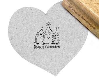 Stempel Weihnachtsstempel Fröhliche Weihnachten mit  Tannenbäume -  in Handschrift, Textstempel zu Weihnachten, Geschenkanhänger, Karten
