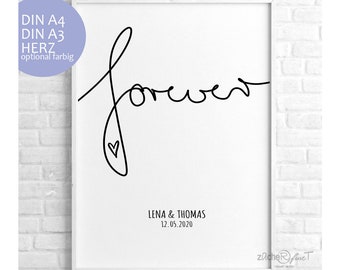 Poster "forever" personalisiert mit Namen u. Datum für Paare & Freunde - süßes Geschenk individuell zur Hochzeit, Valentinstag, Jahrestag