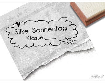 Individueller Schulstempel Wolke II - Namensstempel personalisiert mit Name und Klasse, Holzstempel o. Automatikstempel, Geschenk für Kinder