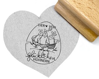Stempel Drei lustige Hühner mit Herz, Eier von glücklichen Hühnern, Textstempel, Motivstempel für Eierkartons, Eierverpackung, Eierschachtel