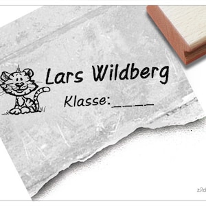 Individueller Schulstempel Tiger-Baby - Stempel personalisiert mit Name, Klasse, Tier, Holzstempel o. Automatikstempel, Geschenk für Kinder