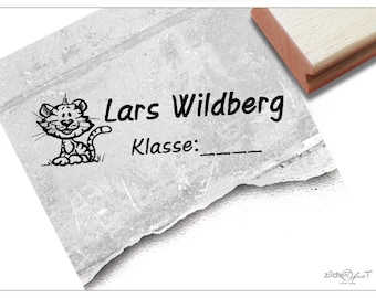 Individueller Schulstempel Tiger-Baby - Stempel personalisiert mit Name, Klasse, Tier, Holzstempel o. Automatikstempel, Geschenk für Kinder