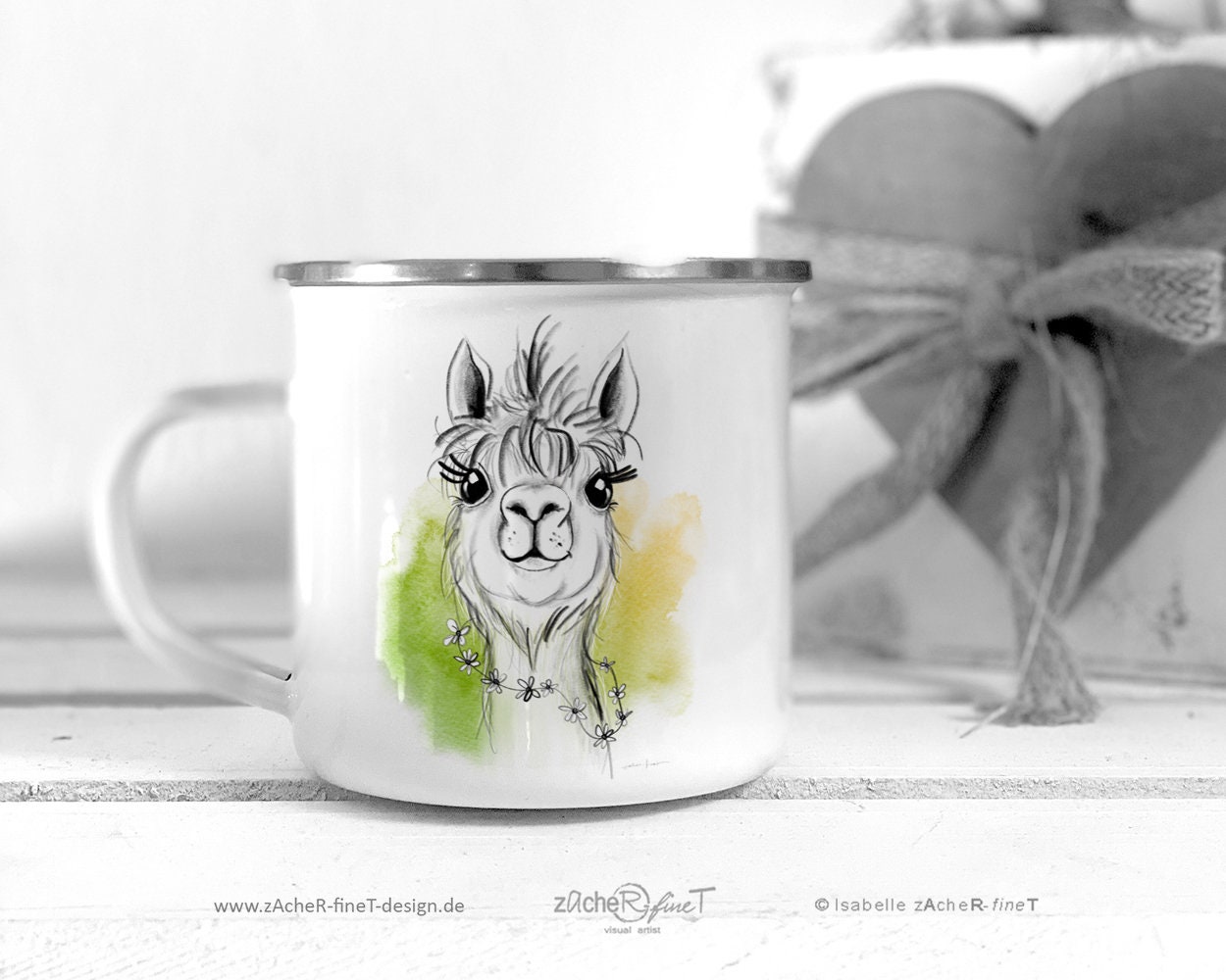 Emaille Tasse Mit Wolf-Motiv – Personalisierbare Kaffeetasse, 300 Ml, Mit Silbernem Rand