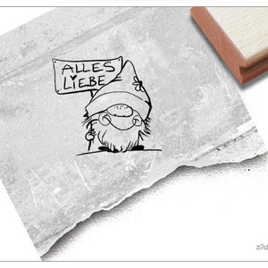 Stempel Alles Liebe mit Wichtel, Gnom - Textstempel für Glückwünsche, Süßer Wichtelstempel für Karten, Basteln, Deko, Geschenk, Scrapbooking