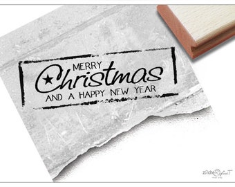 Christmas Stamp- rubber stamp - Merry Christmas and a happy new year - Text stamp for card making, as gift or for decorating, christmas tags