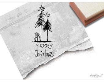 Christmas Stamp - rubber stamp MERRY CHRISTMAS, fir trees - for card making, as gift or for decorating christmas tags, Christmas decoration