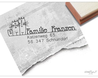 Adressstempel personalisiert KATZENFAMILIE II - Adress Stempel, Familienstempel, Holzstempel o. Automatikstempel individualisiert, Geschenk