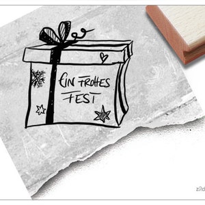 Christmas Stamp - rubber stamp with christmas present and EIN FROHES FEST - for card making, as gift or for decorating christmas tags