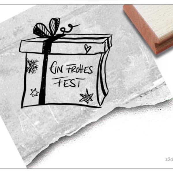 Christmas Stamp - rubber stamp with christmas present and EIN FROHES FEST - for card making, as gift or for decorating christmas tags