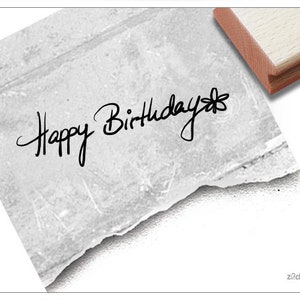 Stempel Textstempel - Happy Birthday mit Blume, handschriftlich - Schriftstempel für Glückwünsche zum Geburtstag