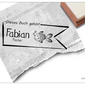 Timbro individuale Ex Libris FISH come banner, personalizzato con nome, timbro in legno o timbro automatico, regalo per bambini