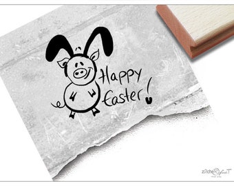 Stempel Osterstempel HAPPY EASTER! mit Schwein - Textstempel zu Ostern, für Ostergrüße, Karten und Geschenkanhänger, Osterdeko, Basteln