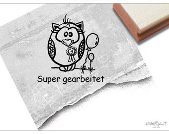 Stempel Lehrerstempel Eule I, Super gearbeitet - Lob zur Motivation der Kinder, Belohnung, Belobigung, Kita und Schule, Geschenk für Kinder