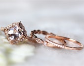 14K Solid Gold  7mm Floral Morganite Engagement Ring and Two Diamond Match Band Wedding Band Anniversary Ring Jewel Set