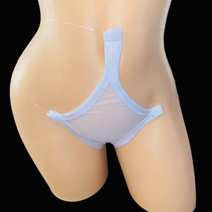 May include: Light blue mesh lingerie with a high-cut leg and a V-shaped front.