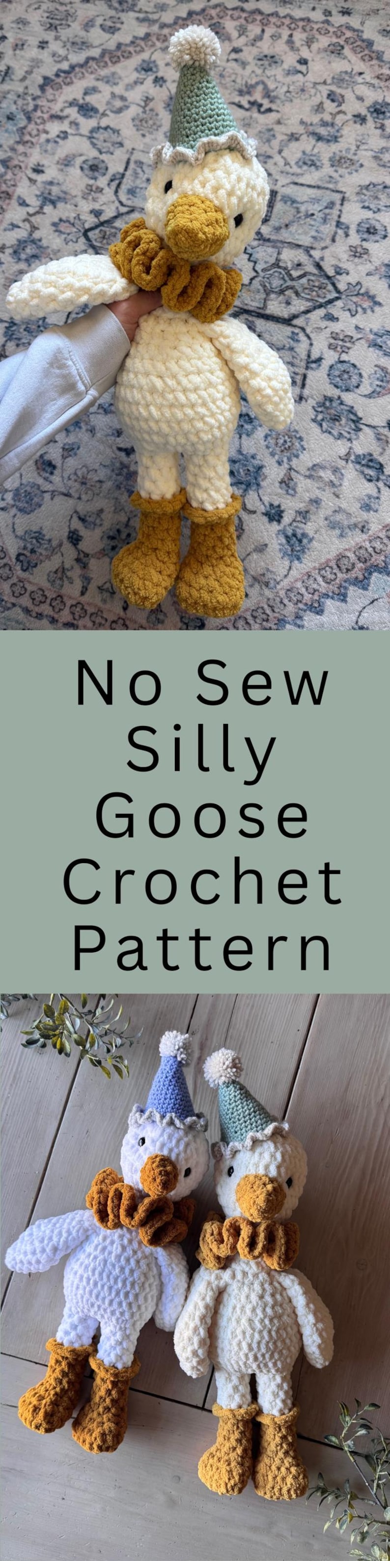 Vertical pin image showing low sew silly goose crochet pattern and finished amigurumi geese.