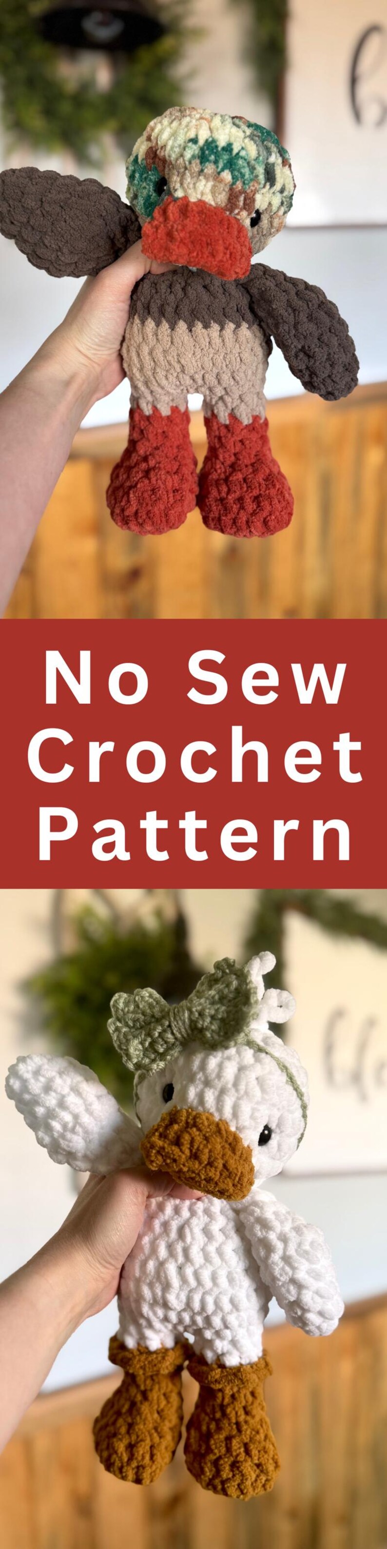 Pinterest style duck crochet pattern photo featuring handmade plush duck toy