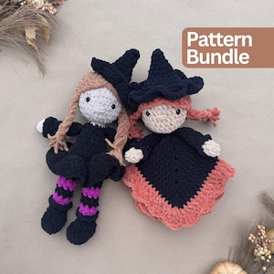 May include: Two crocheted dolls featuring witch hats and outfits. One doll has light brown braided hair, a black dress, and purple and black striped legs. The other doll has reddish hair and a black dress with a peach-colored hem. Text reads Pattern Bundle.