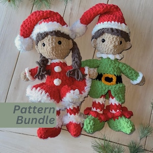 May include: Two handmade crochet dolls featuring soft yarn textures. One doll wears a red and white dress with a matching hat, while the other wears a green and red elf outfit with a black belt and hat. The text Pattern Bundle is visible.