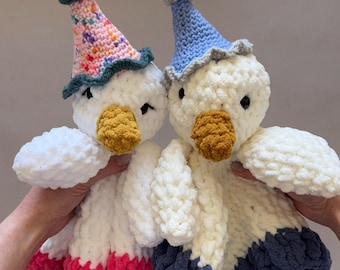 Goose Lovey Crochet Pattern Baby Snuggler Security Blanket First Lovey Comfort Toy Silly Goose Party Hat Included Low Sew Baby Gift