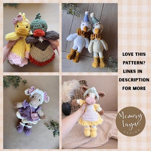 May include: A collection of six handmade crochet plush toys featuring various animal characters including ducks, geese, a lamb, and a cow. The toys are crafted with soft yarn in pastel and earthy tones, wearing hats, dresses, and boots. Text reads: LOVE THIS PATTERN? LINKS IN DESCRIPTION FOR MORE. Memory Layne Design.