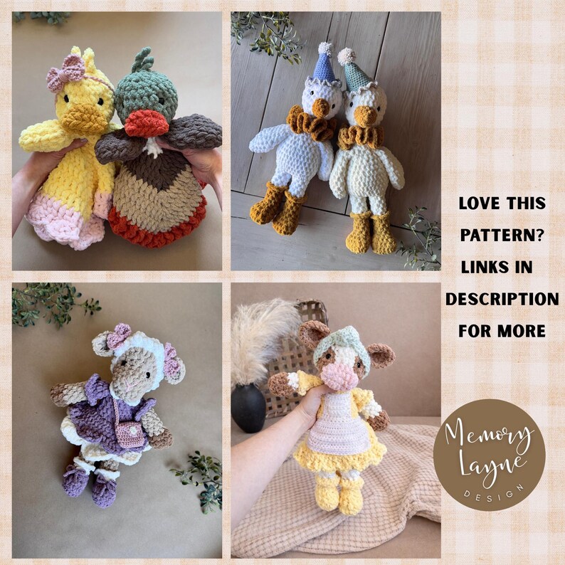 May include: A collection of six handmade crochet plush toys featuring various animal characters including ducks, geese, a lamb, and a cow. The toys are crafted with soft yarn in pastel and earthy tones, wearing hats, dresses, and boots. Text reads: LOVE THIS PATTERN? LINKS IN DESCRIPTION FOR MORE. Memory Layne Design.