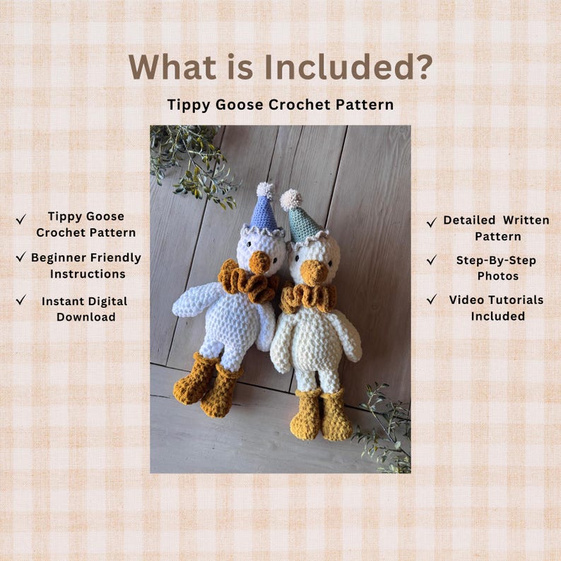 What is included graphic showing finished crochet geese and pattern contents.