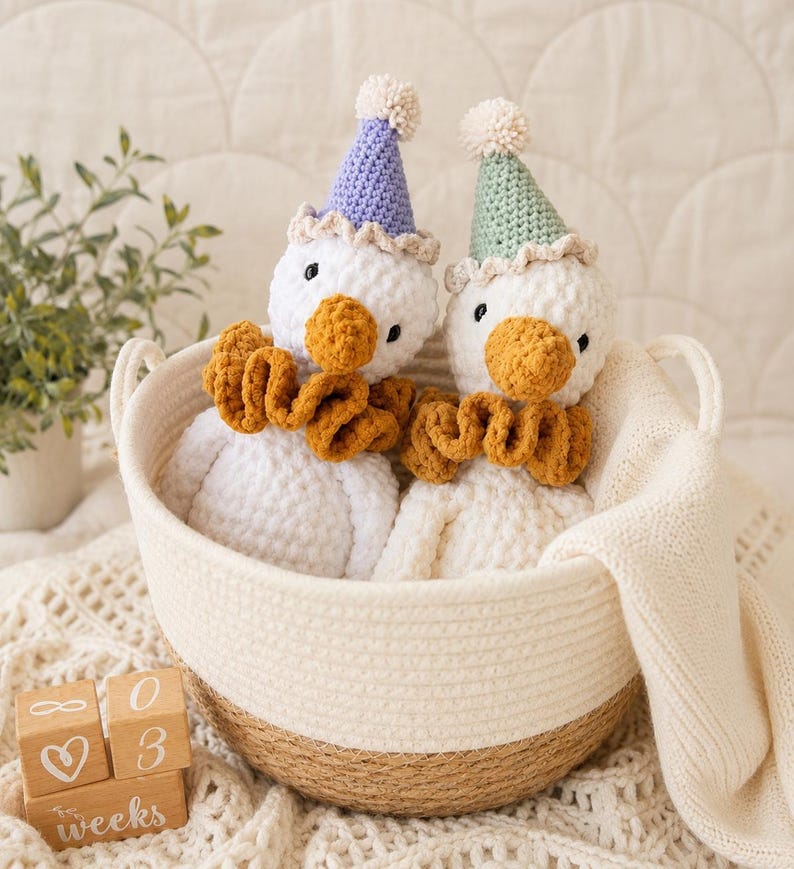 Two crochet party geese displayed in a woven basket with a neutral lifestyle nursery setup.