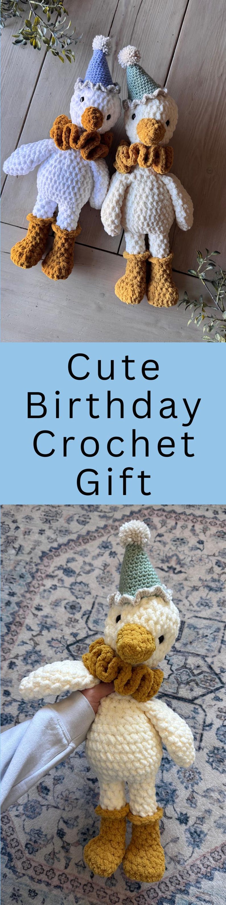 Pinterest optimized image featuring crochet goose amigurumi pattern and party goose design.