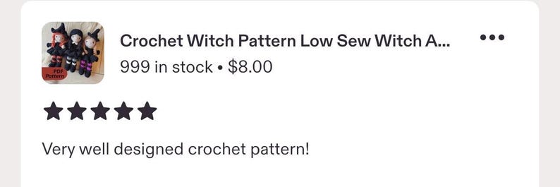 Crochet witch pattern customer review screenshot featuring a completed handmade witch doll and five-star review.