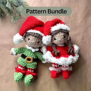 May include: Two crocheted dolls with the text Pattern Bundle above them. One doll wears a red and white hat and a green outfit with a black belt. The other doll has brown braided hair, a red and white hat, and a red dress with white trim.
