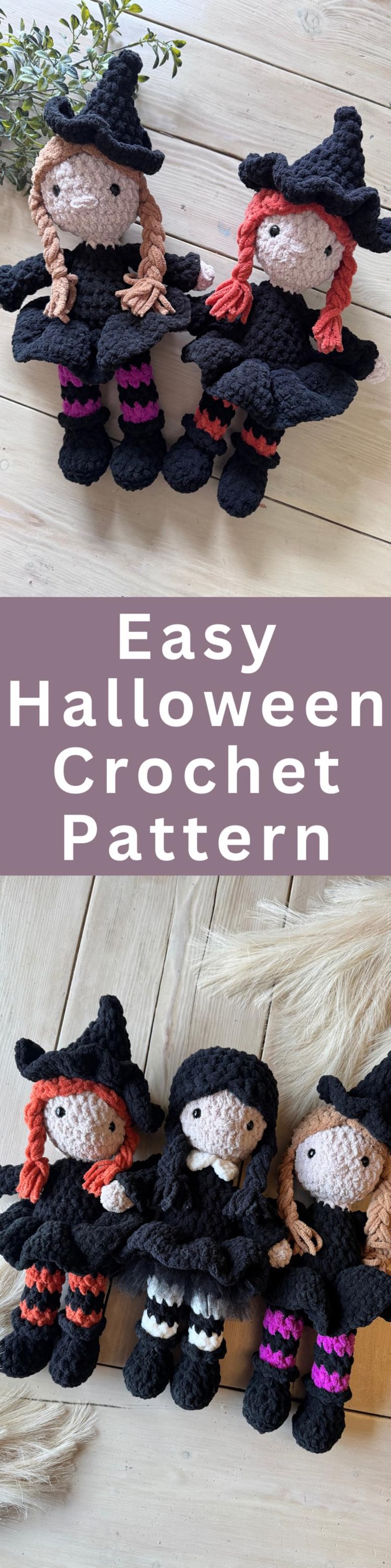 Pinterest-style vertical image featuring the crochet witch pattern with Halloween-inspired handmade doll.