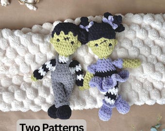 Frankenstein Crochet Pattern Bundle Boy & Girl Monster Dolls Halloween Amigurumi Pattern Large Spooky Plush Crochet Doll Low Sew Pattern