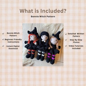 What's Included graphic showing the crochet witch pattern PDF with photos, written instructions, and step-by-step guidance.