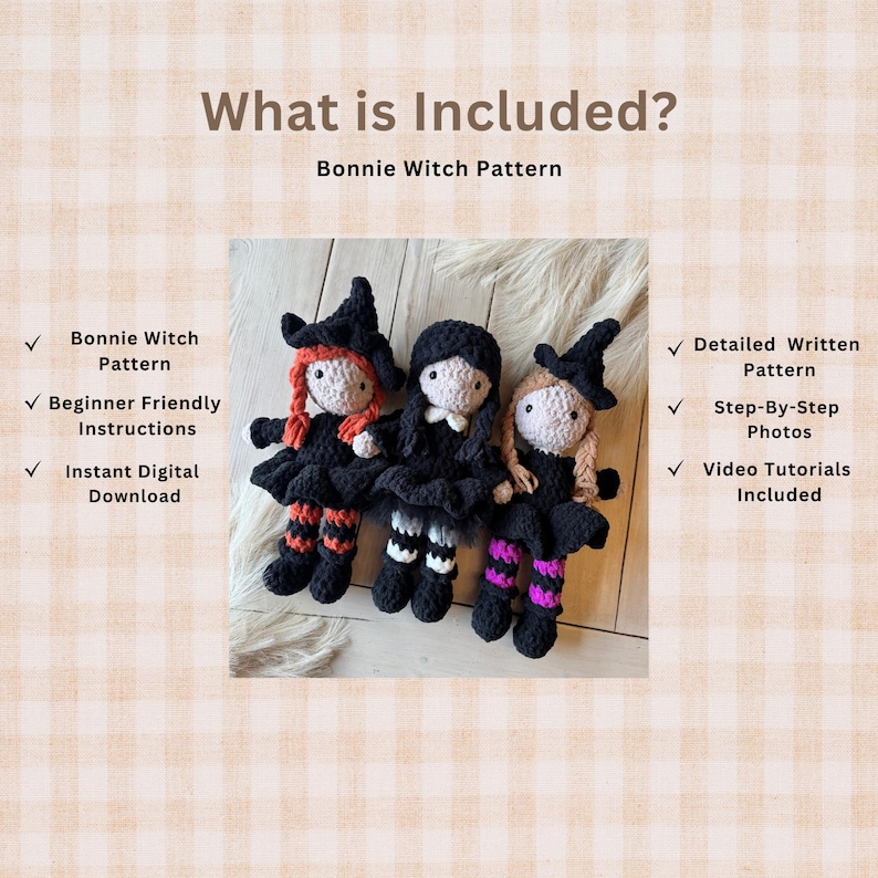 What's Included graphic showing the crochet witch pattern PDF with photos, written instructions, and step-by-step guidance.