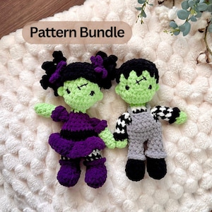 Frankenstein Crochet Pattern Bundle Boy Girl Monster Dolls Low Sew Halloween Amigurumi Spooky Plush Fall Crochet Monster Doll Pattern Set