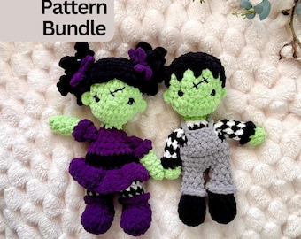Frankenstein Crochet Pattern Bundle Boy Girl Monster Dolls Low Sew Halloween Amigurumi Spooky Plush Fall Crochet Monster Doll Pattern Set