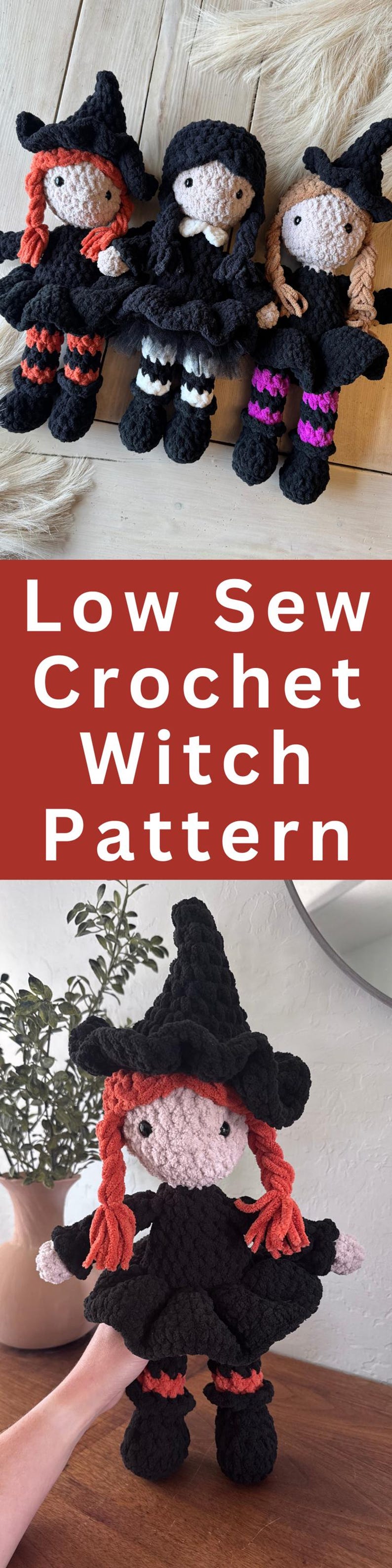 Pinterest pin showcasing the low sew crochet witch pattern with beginner-friendly Halloween amigurumi design.