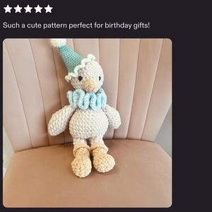 Crochet goose pattern customer review photo featuring finished party goose amigurumi.