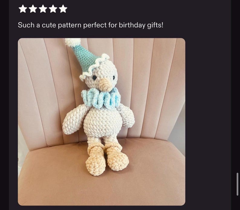 Crochet goose pattern customer review photo featuring finished party goose amigurumi.