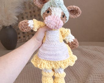 Cow Crochet Pattern Girl Cow Doll Farm Animal Plush Toy Pattern Birthday Present Character Doll Barnyard Gift Quick Crochet Project